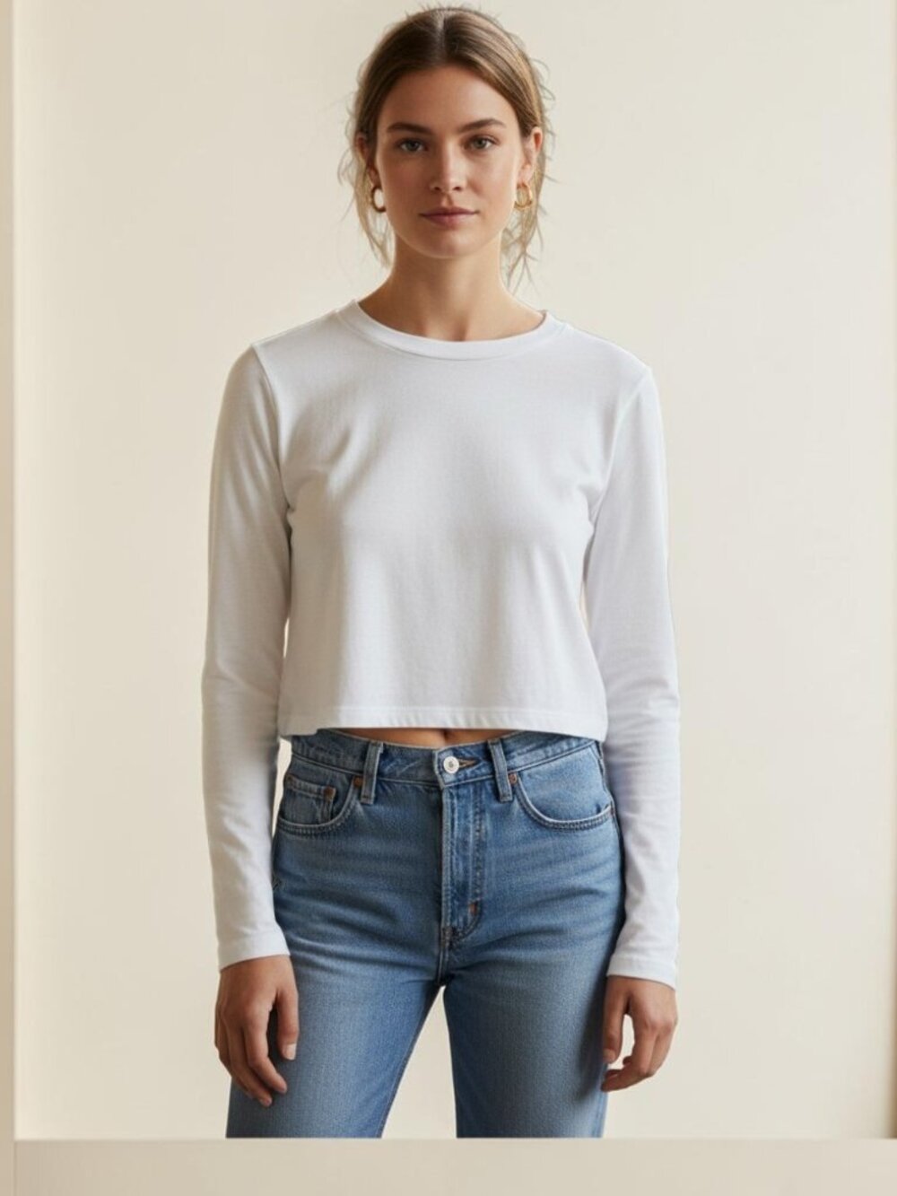Project Social T White Long Sleeve Crewneck Crop Top Soft Knit Tee XS